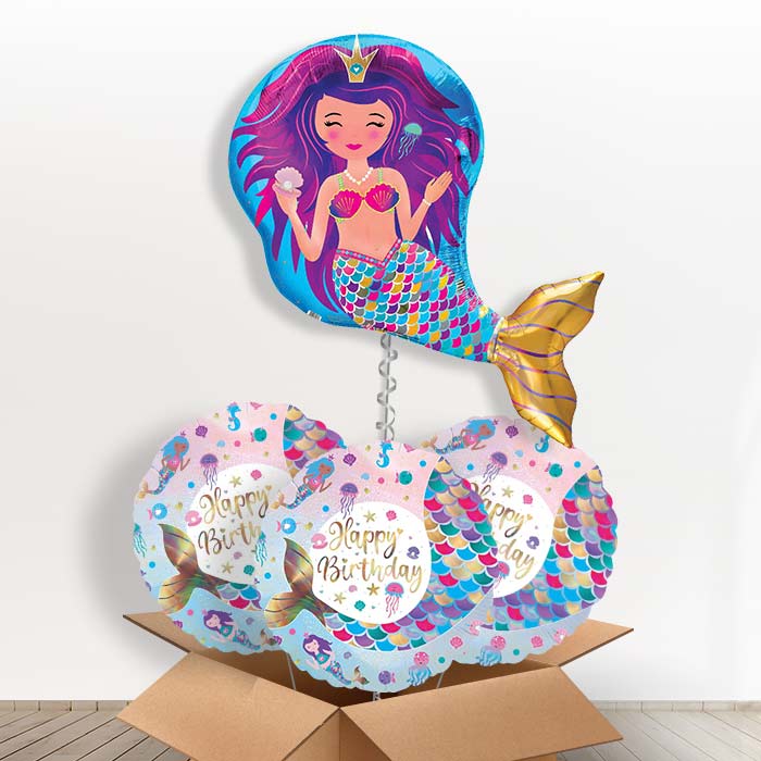 Iridescent Mermaid Shaped Helium Balloon in a Box - with 3 Themed Balloons | Party Save Smile