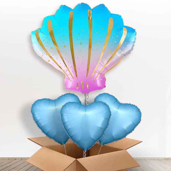 Iridescent Sea Shell Shaped Helium Balloon in a Box - with 3 Plain Balloons | Party Save Smile