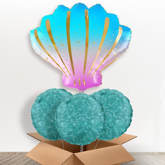 Iridescent Sea Shell Shaped Helium Balloon in a Box - with 3 Themed Balloons | Party Save Smile