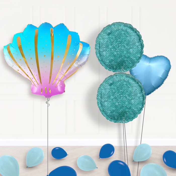 Iridescent Sea Shell Shaped Balloon Bouquet Delivery-Giant Balloon + 2 Themed Balloons + 1 Plain Balloon + Mini Balloons 