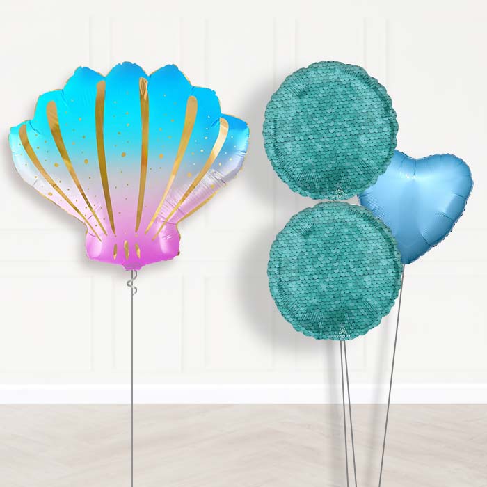 Iridescent Sea Shell Shaped Balloon Bouquet Delivery-Giant Balloon + 2 Themed Balloons + 1 Plain Balloon 