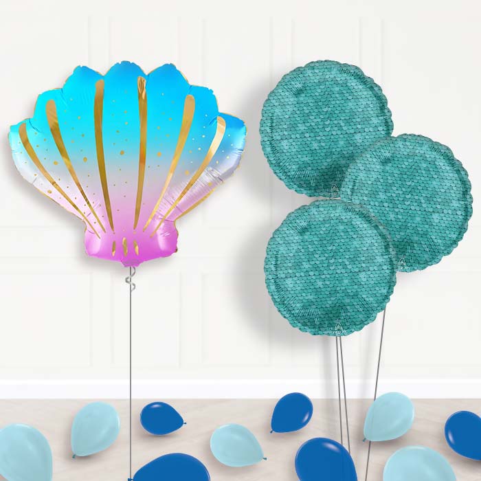 Iridescent Sea Shell Shaped Balloon Bouquet Delivery - 1 x Giant Balloon with Themed Bouquet and Latex | Party Save Smile