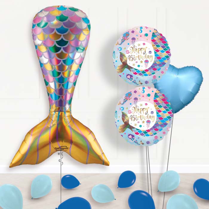 Iridescent Mermaid Tail Balloon Bouquet Delivery-Giant Balloon + 2 Themed Balloons + 1 Plain Balloon + Mini Balloons 