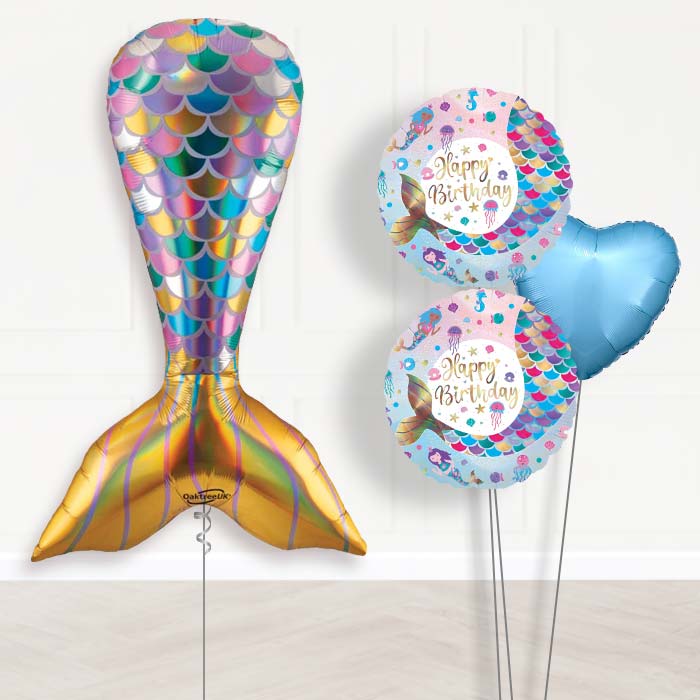 Iridescent Mermaid Tail Balloon Bouquet Delivery-Giant Balloon + 2 Themed Balloons + 1 Plain Balloon 