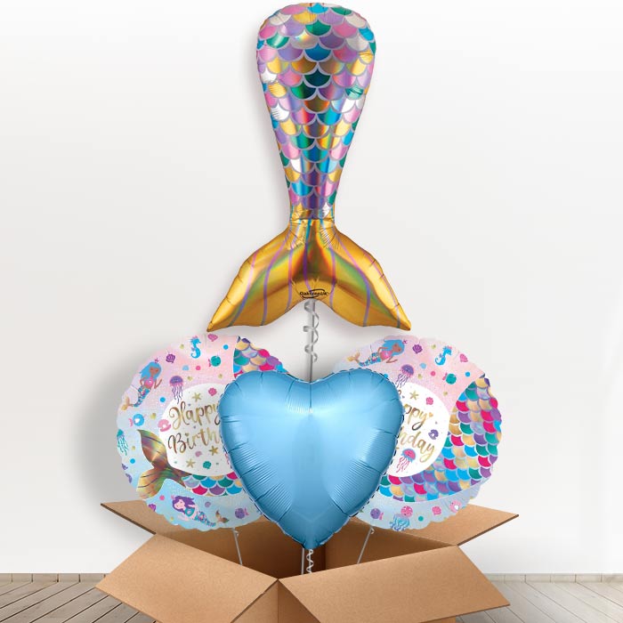 Iridescent Mermaid Tail Helium Balloon in a Box-1 x Giant Balloon and 2 Themed Balloons and 1 Plain Balloon 