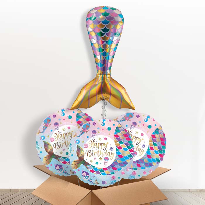 Iridescent Mermaid Tail Helium Balloon in a Box - with 3 Themed Balloons | Party Save Smile