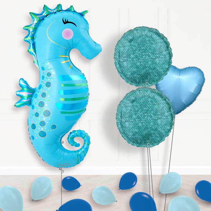 Iridescent Seahorse Balloon Bouquet Delivery-Giant Balloon + 2 Themed Balloons + 1 Plain Balloon + Mini Balloons 