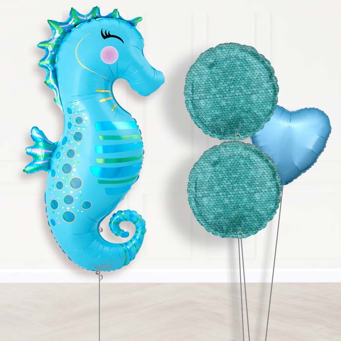 Iridescent Seahorse Balloon Bouquet Delivery-Giant Balloon + 2 Themed Balloons + 1 Plain Balloon 