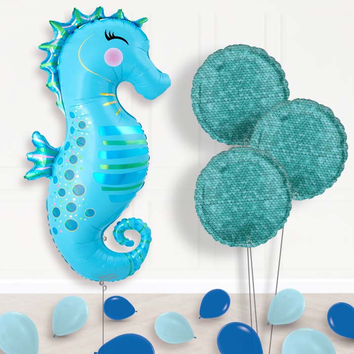 Iridescent Seahorse Balloon Bouquet Delivery - 1 x Giant Balloon with Themed Bouquet and Latex | Party Save Smile