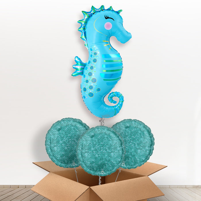 Iridescent Seahorse Helium Balloon in a Box - with 3 Themed Balloons | Party Save Smile
