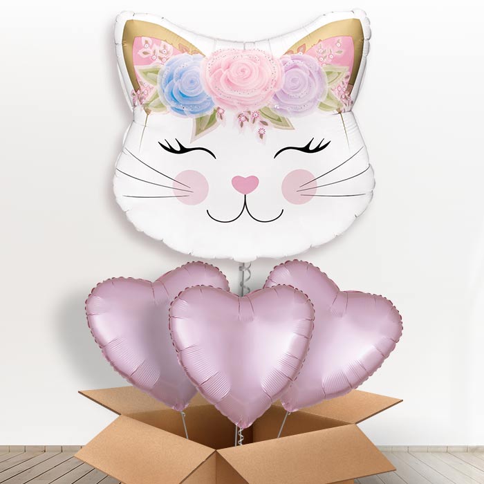 Floral Kitten Helium Balloon in a Box - with 3 Plain Balloons | Party Save Smile