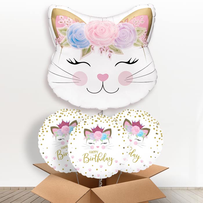 Floral Kitten Helium Balloon in a Box - with 3 Themed Balloons | Party Save Smile