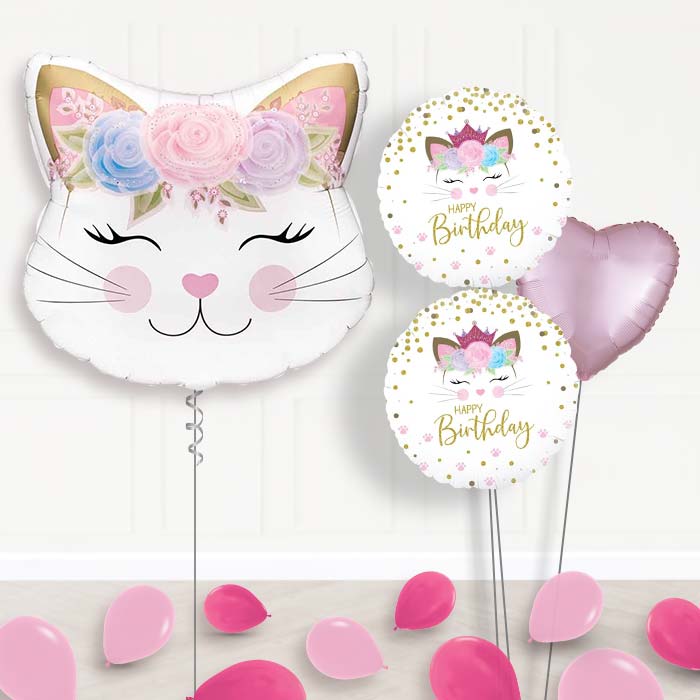 Floral Kitten Balloon Bouquet Delivery-Giant Balloon + 2 Themed Balloons + 1 Plain Balloon + Mini Balloons 