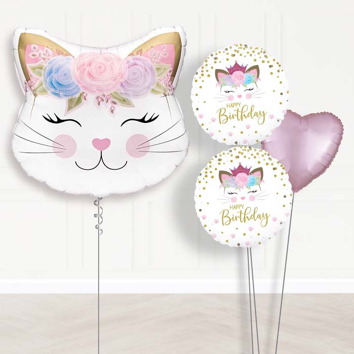 Floral Kitten Balloon Bouquet Delivery-Giant Balloon + 2 Themed Balloons + 1 Plain Balloon 