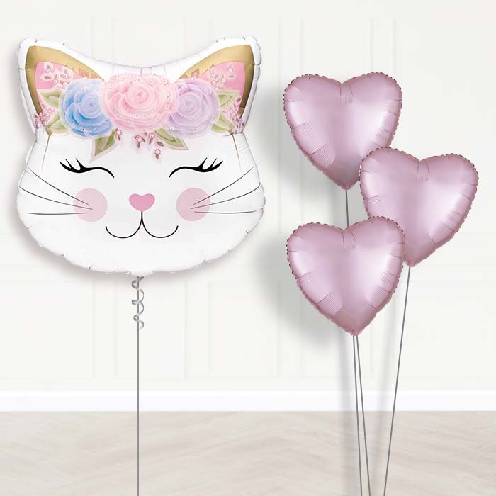 Floral Kitten Balloon Bouquet Delivery - 1 x Giant Balloon with Plain Bouquet | Party Save Smile