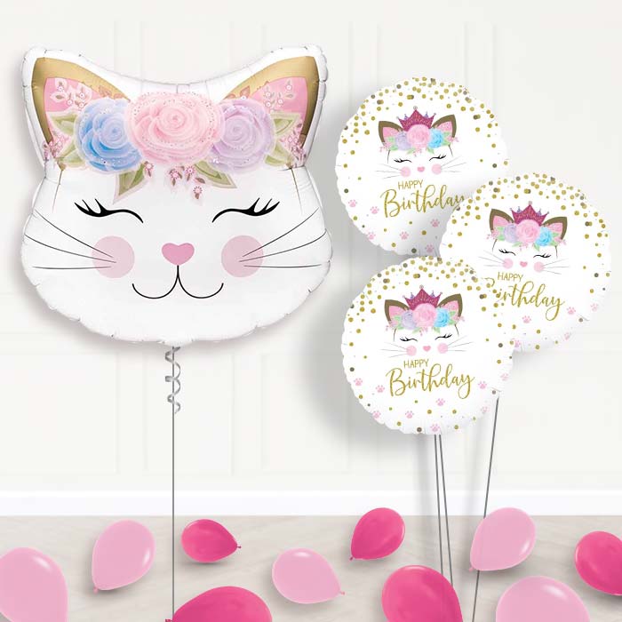 Floral Kitten Balloon Bouquet Delivery - 1 x Giant Balloon with Themed Bouquet and Latex | Party Save Smile