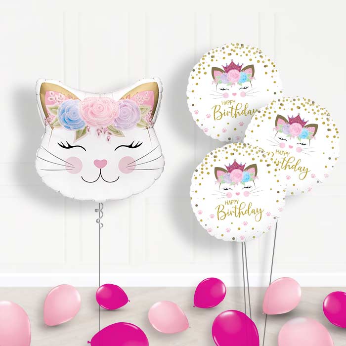 Floral Kitten Balloon Bouquet Delivery - 1 x Giant Balloon with Themed Bouquet and Latex | Party Save Smile