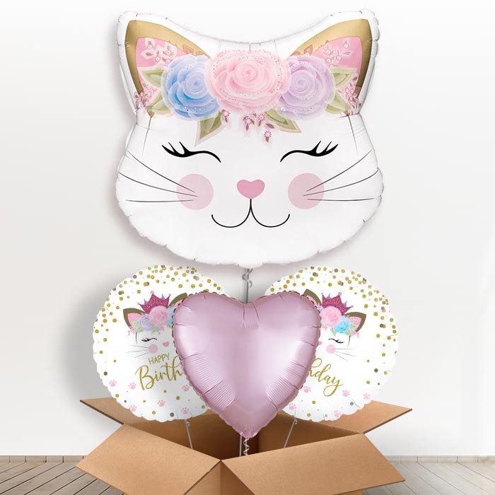 Floral Kitten Helium Balloon in a Box-1 x Giant Balloon and 2 Themed Balloons and 1 Plain Balloon 