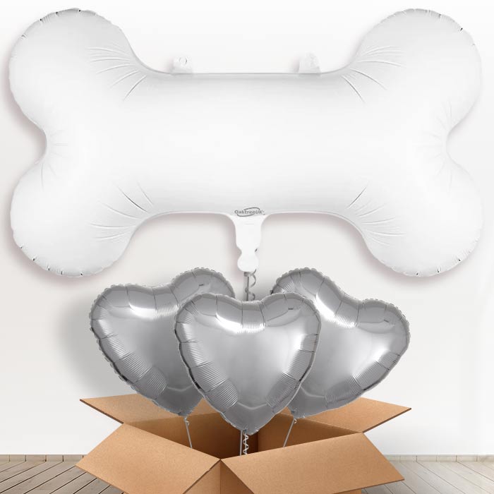 White Dog Bone Helium Balloon in a Box - with 3 Plain Balloons | Party Save Smile