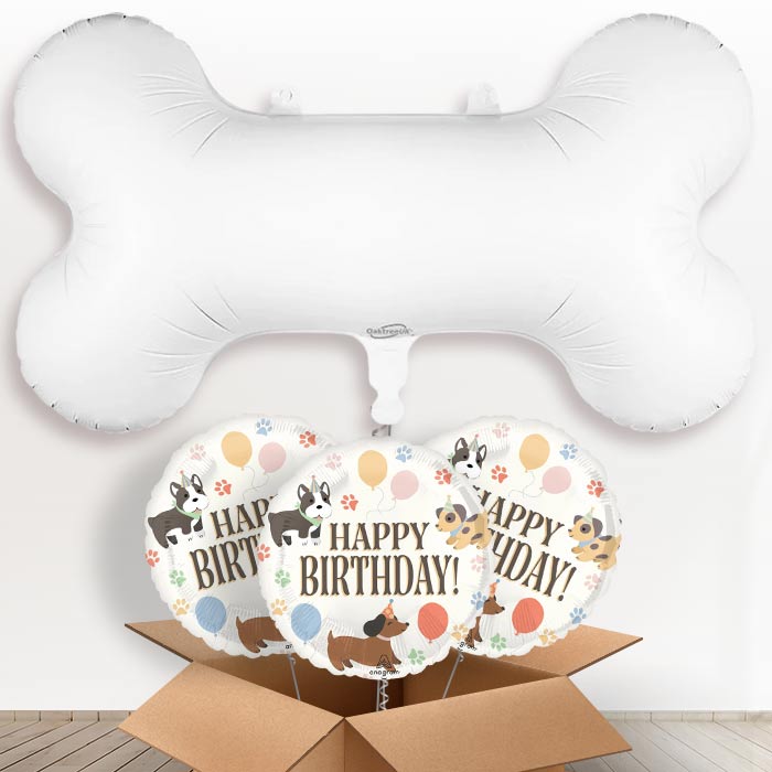 White Dog Bone Helium Balloon in a Box - with 3 Themed Balloons | Party Save Smile
