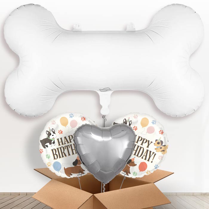 White Dog Bone Helium Balloon in a Box-1 x Giant Balloon and 2 Themed Balloons and 1 Plain Balloon 