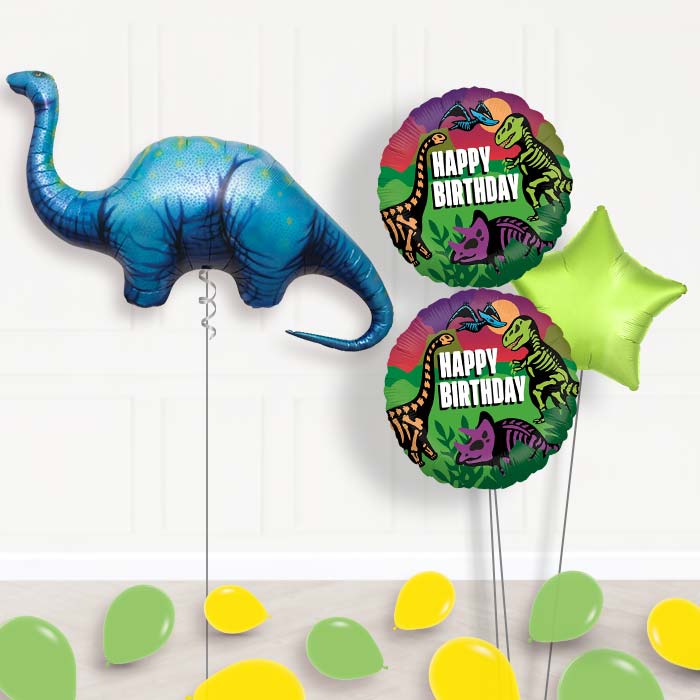 Apatosaurus Dinosaur Balloon Bouquet in a Box-Giant Balloon + 2 Themed Balloons + 1 Plain Balloon + Mini Balloons 