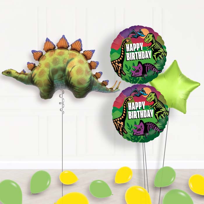Stegosaurus Dinosaur Balloon Arrangement Delivered-Giant Balloon + 2 Themed Balloons + 1 Plain Balloon + Mini Balloons 