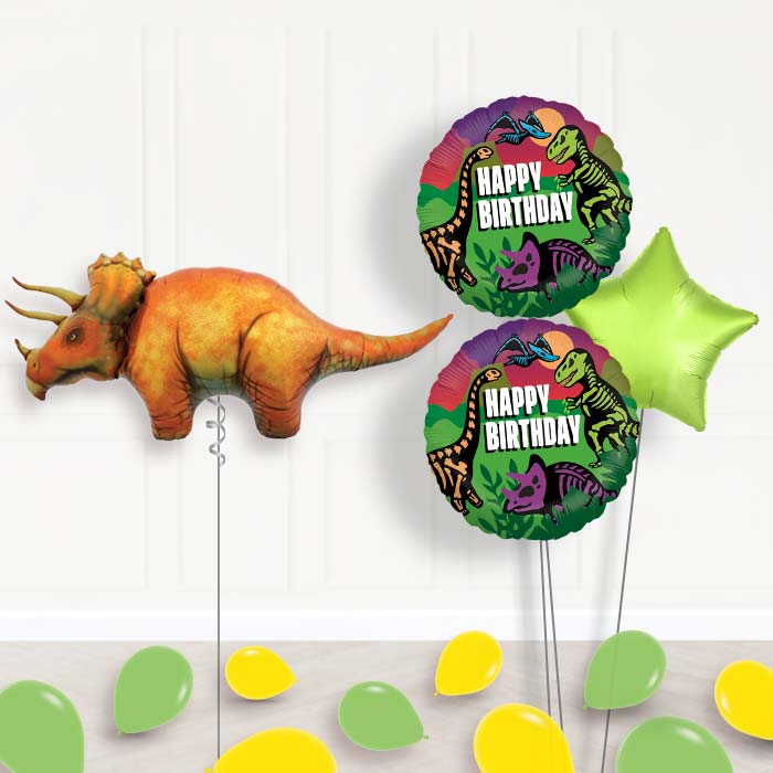 Triceratops Dinosaur Balloon Bouquet in a Box-Giant Balloon + 2 Themed Balloons + 1 Plain Balloon + Mini Balloons 