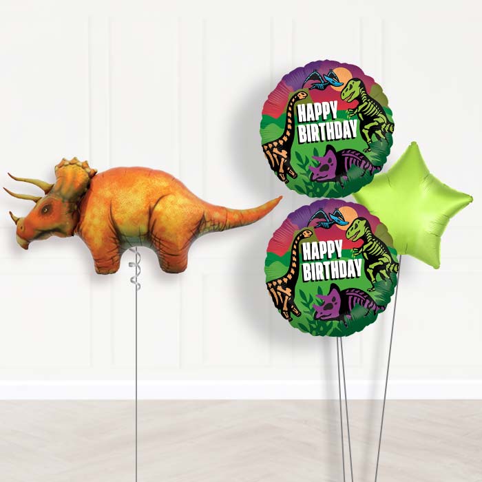 Triceratops Dinosaur Balloon Bouquet in a Box-Giant Balloon + 2 Themed Balloons + 1 Plain Balloon 