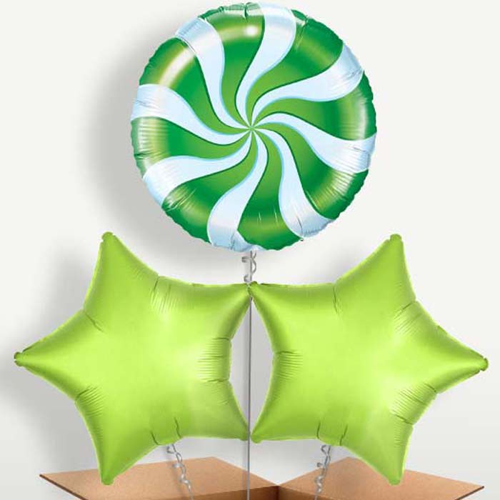Green Candy Swirl Trio Balloon Bunch inflated with Helium | Party Save Smile