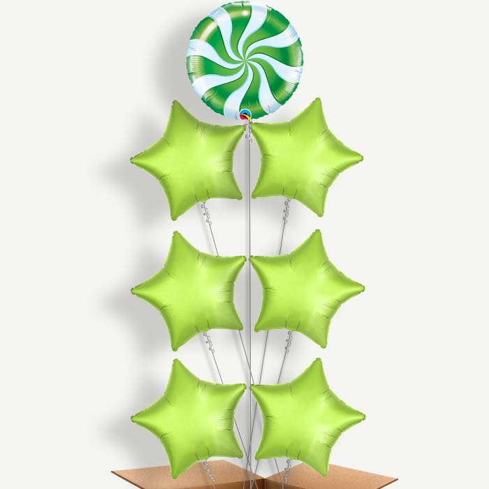 Green Candy Swirl Balloon Arrangement Inflated with Helium | Party Save Smile