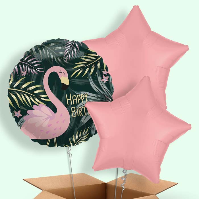 Flamingo Birthday Tropical Leaves Helium Balloons Delivered - 3 Balloons | Party Save Smile