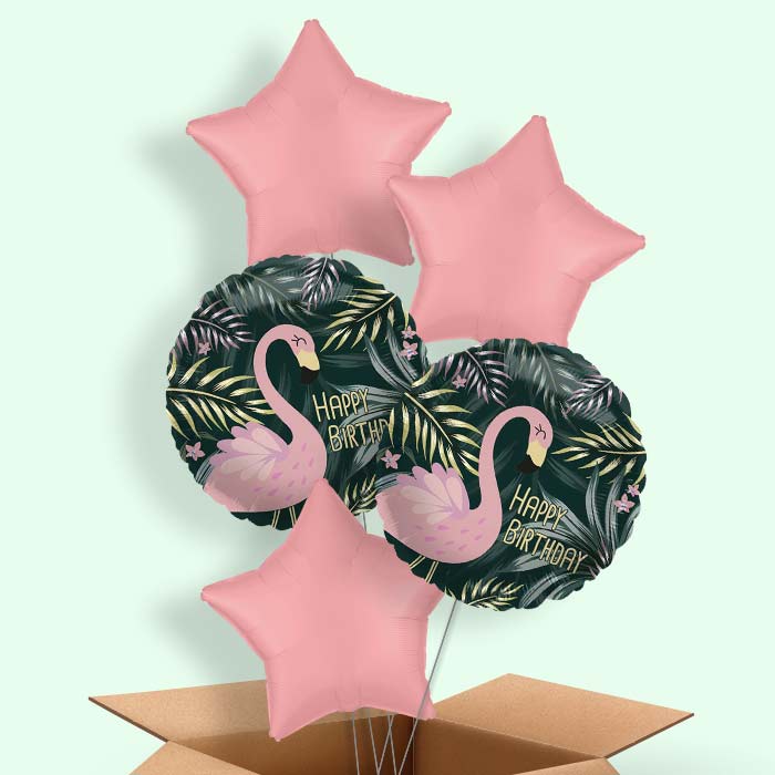Flamingo Birthday Tropical Leaves Helium Balloons Delivered - 5 Balloons | Party Save Smile
