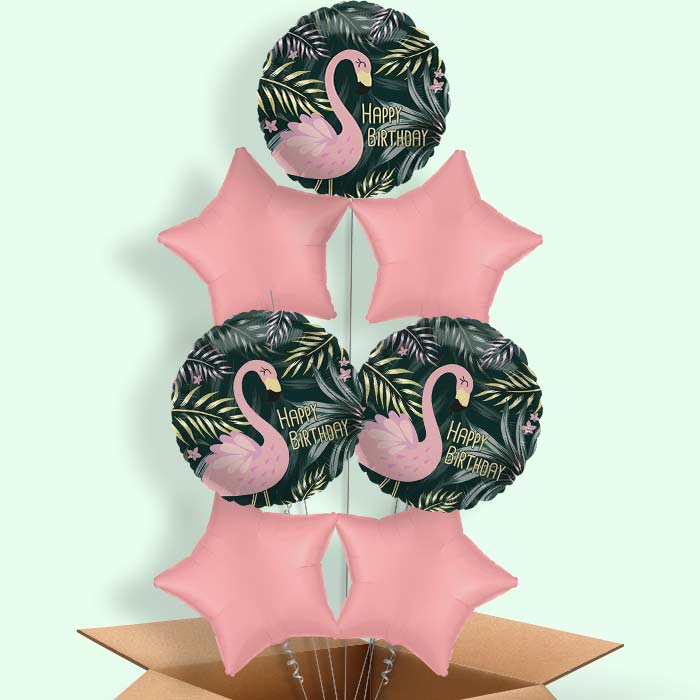 Flamingo Birthday Tropical Leaves Helium Balloons Delivered - 7 Balloons | Party Save Smile