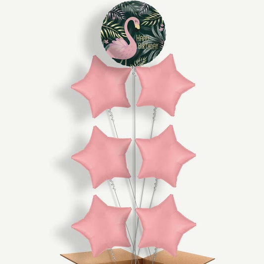 Flamingo Birthday Tropical Leaves 7 Helium Balloon Arrangement | Party Save Smile