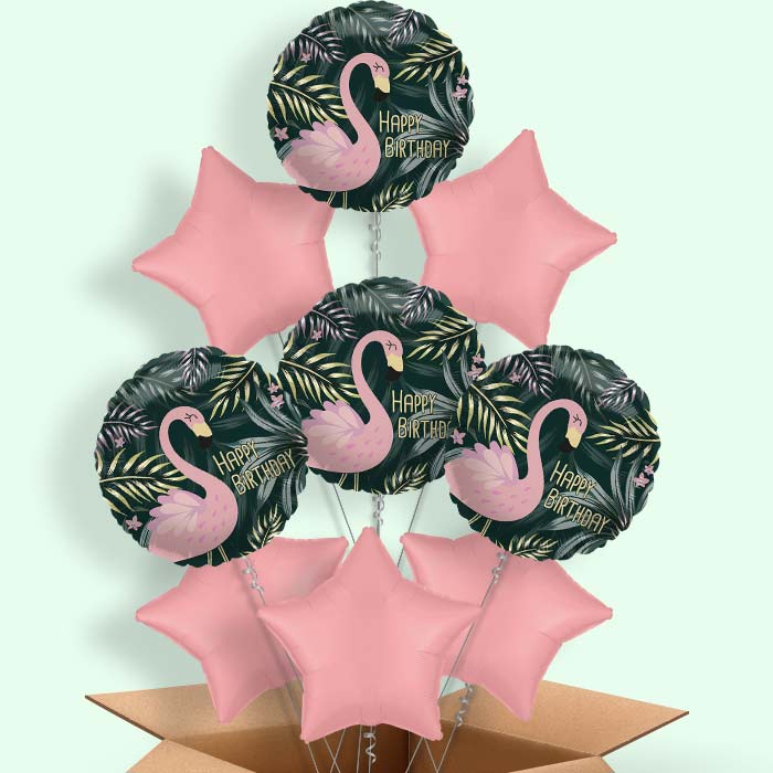 Flamingo Birthday Tropical Leaves Helium Balloons Delivered - 9 Balloons | Party Save Smile