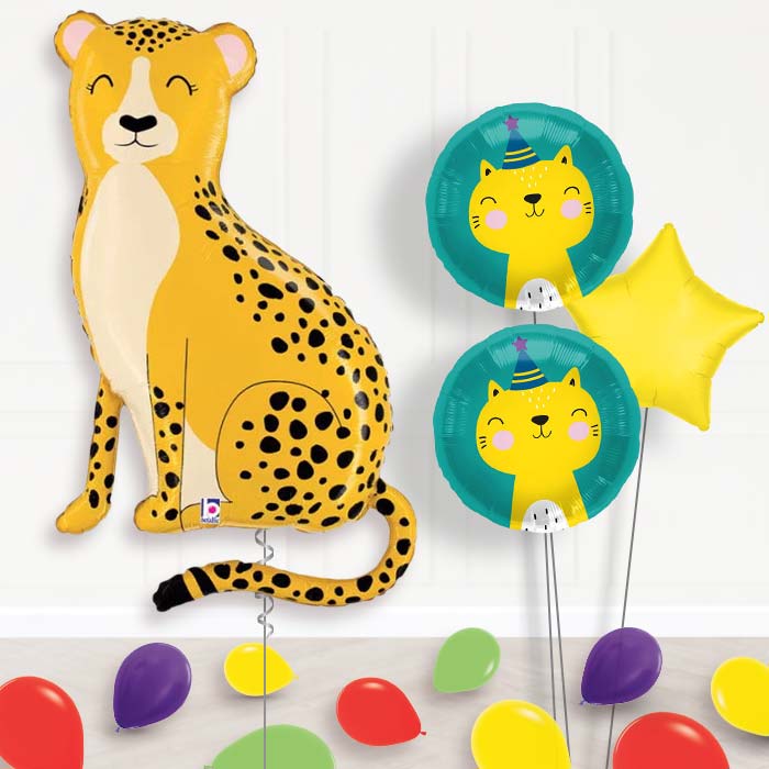 Giant Cheetah Balloon Bouquet Delivery-Giant Balloon + 2 Themed Balloons + 1 Plain Balloon + Mini Balloons| Party Save Smile