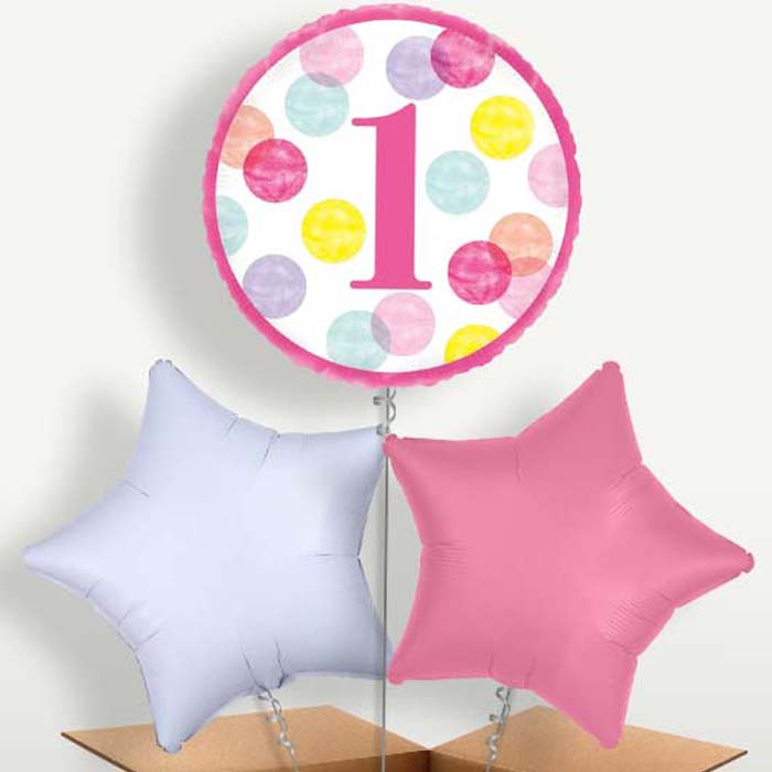 Pink Dots 1st Birthday Balloon Bunch inflated with Helium | Party Save Smile