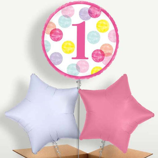 Pink Dots 1st Birthday Balloon Bunch inflated with Helium | Party Save Smile