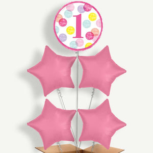 Pink Dots 1st Birthday 5 Balloon Cluster Inflated with Helium