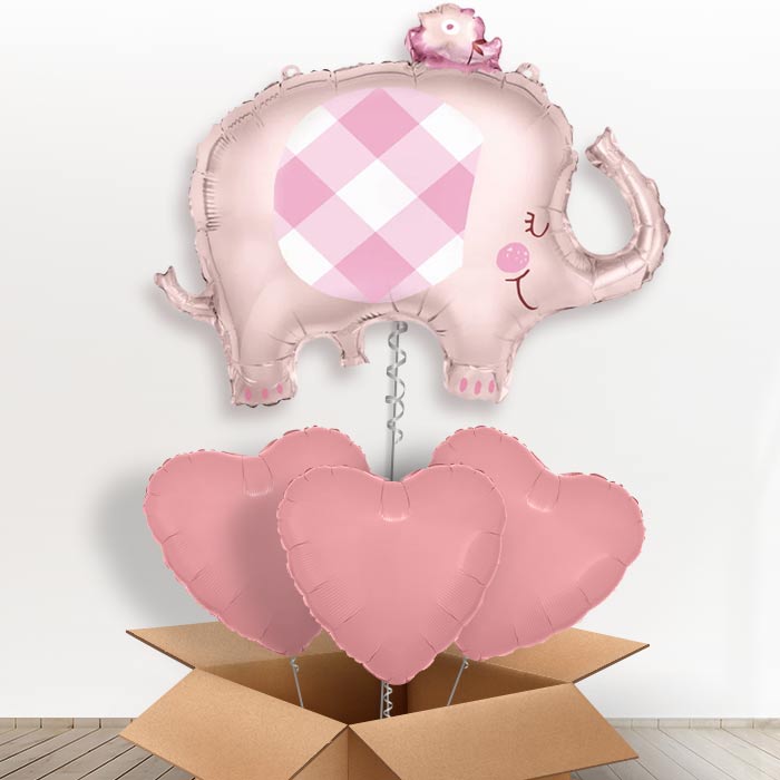Gingham Pink Elephant Helium Balloon in a Box - With 3 Plain Balloons | Party Save Smile