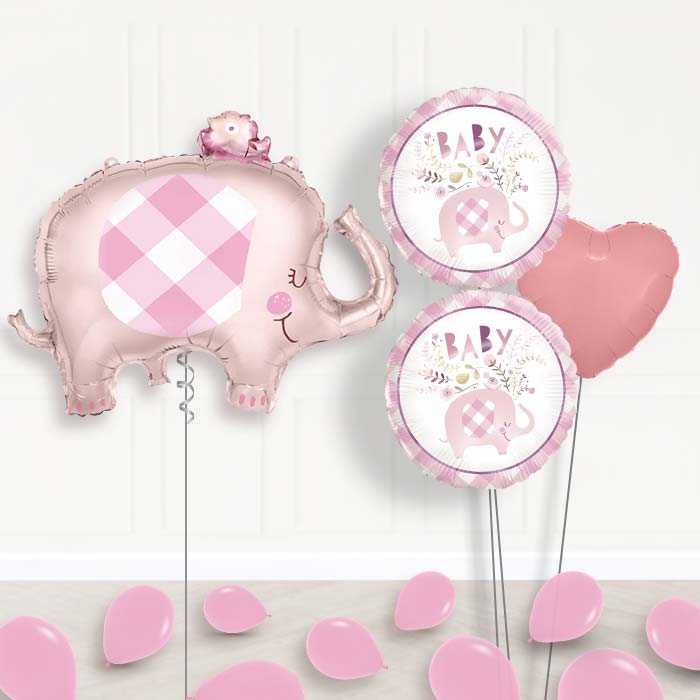 Pink Gingham Elephant Balloon Bouquet Delivered-Giant Balloon + 2 Themed Balloons + 1 Plain Balloon + Mini Balloons 