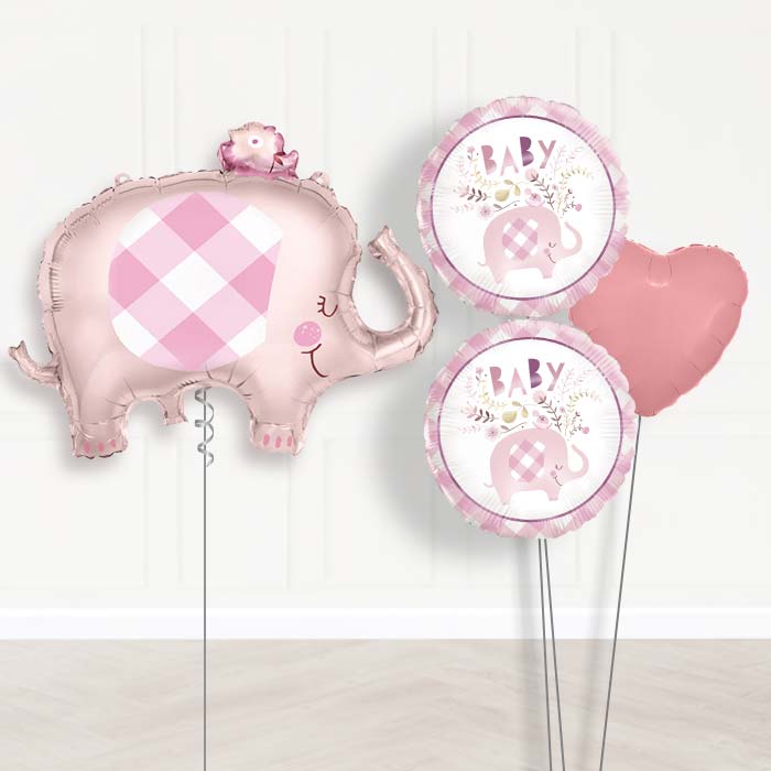 Pink Gingham Elephant Balloon Bouquet Delivered-Giant Balloon + 2 Themed Balloons + 1 Plain Balloon 