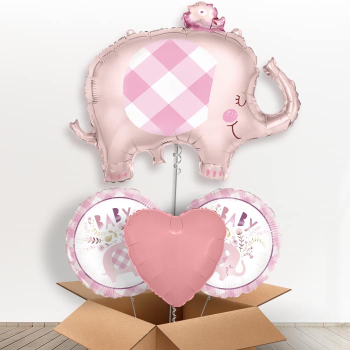 Gingham Pink Elephant Helium Balloon in a Box-1 x Giant Balloon and 2 Themed Balloons and 1 Plain Balloon 