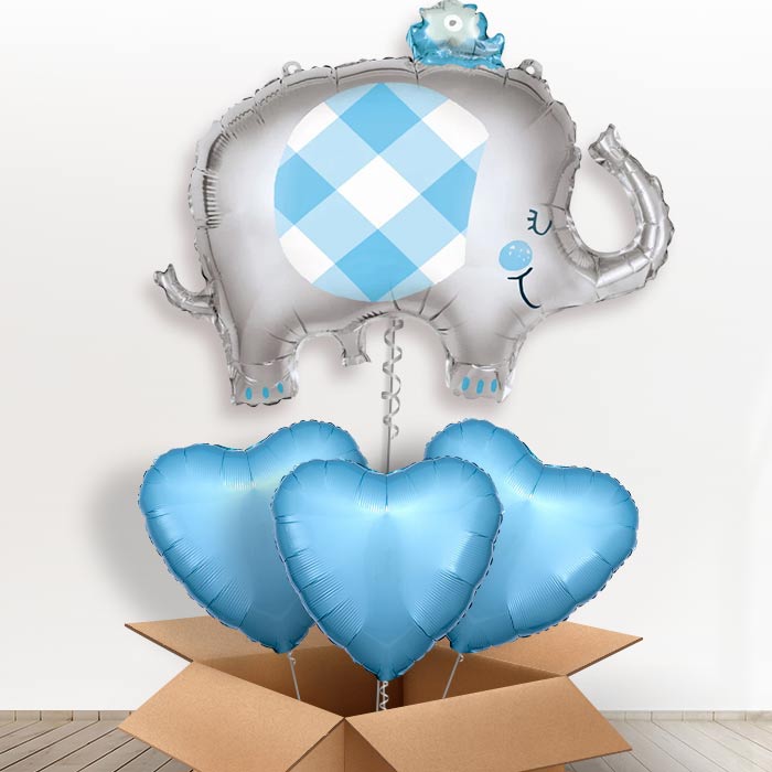 Blue Elephant Helium Balloons in a Box - With 3 Plain Balloons | Party Save Smile