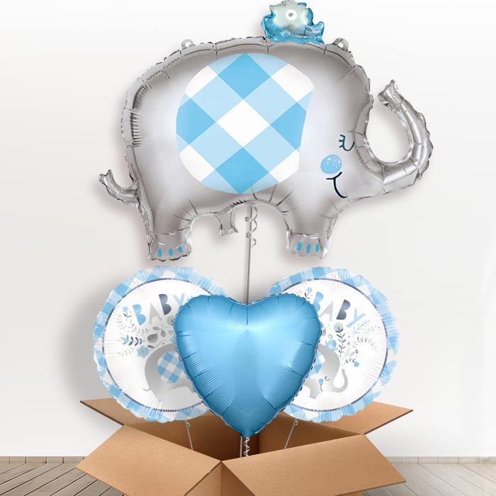 Blue Elephant Helium Balloons in a Box-1 x Giant Balloon and 2 Themed Balloons and 1 Plain Balloon 