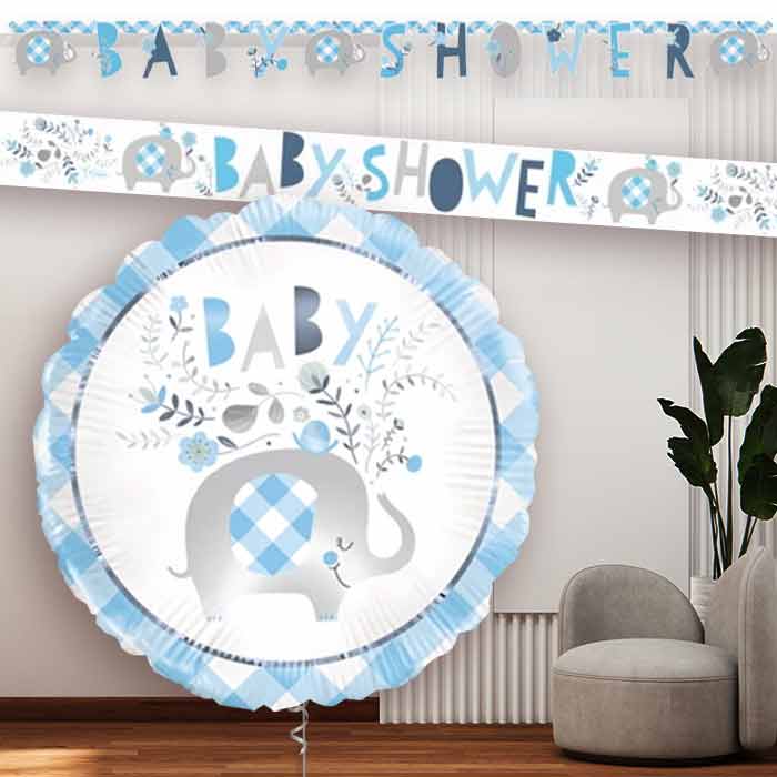 Blue Elephant Baby Shower Banners and Balloon