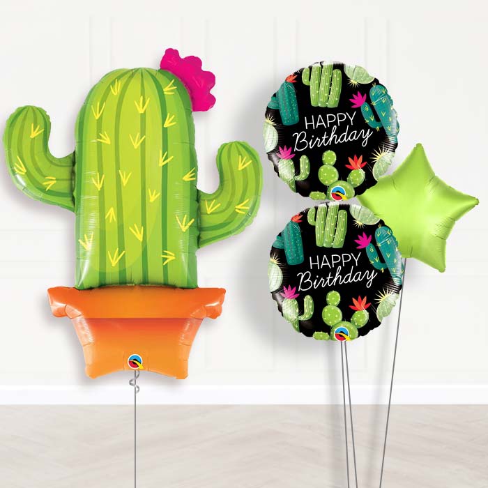 Cactus Helium Balloon Bouquet in a Box-Giant Balloon + 2 Themed Balloons + 1 Plain Balloon 