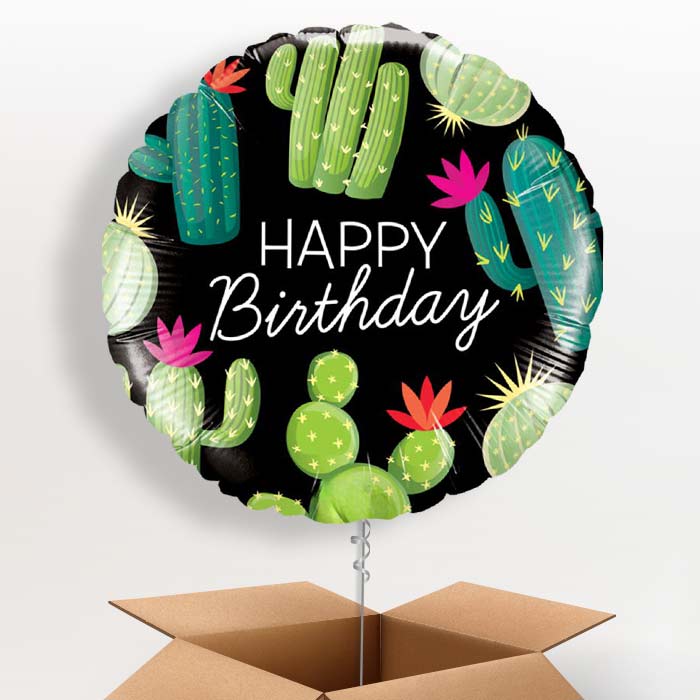 Cactus Happy Birthday (Black) Helium Balloon in a Box - 1 Balloon | Party Save Smile