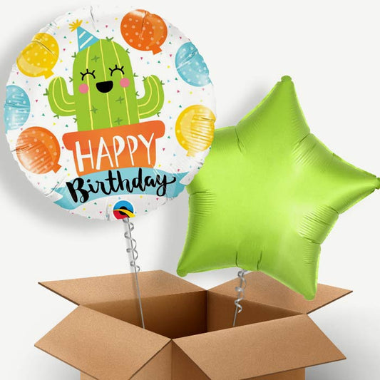 Cactus Happy Birthday (White) Helium Balloon Duo | Party Save Smile